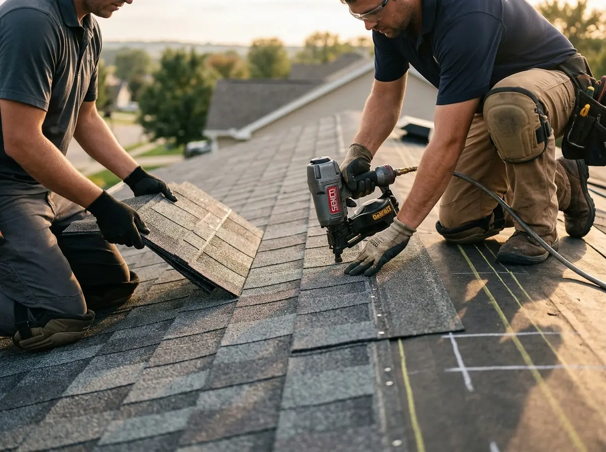 Professional roofer working on a residential roof in Elk Plain
